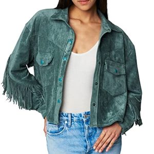 womens Luxury Clothing Faux Suede Fringe Shirt Jacket, Comfortable & Stylish Coat