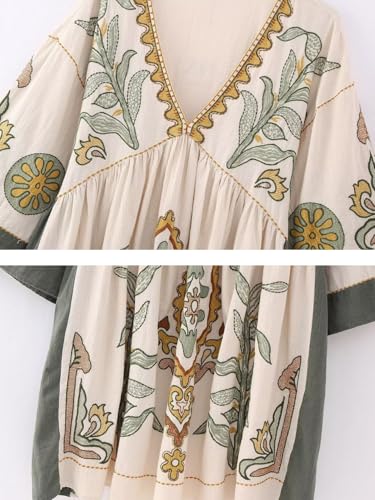 Womens Oversized Embroidered Dress with V-Neck and 3/4 Sleeves Vintage Embroidery Babydoll Dress