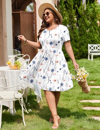 Womens Plus Size Summer Dress Short Sleeve Casual Mini Dresses Empire Waist T-Shirt Dress with Pockets