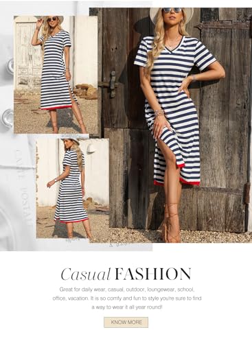 Summer Dress Casual Womens Fashion Short Sleeve Maxi Dress T Shirt Dress Striped Long Color Block Maxi Dress