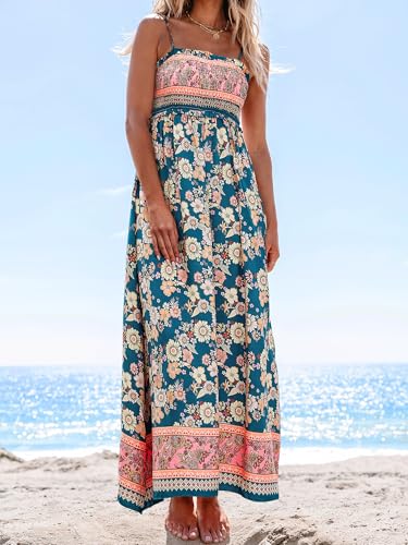 51Jzkj6J2L.jpg Women's Maxi Dress Ditsy Floral Smocked Summer Sundress Sleeveless Ruffled Spaghetti Straps Long Beach Formal Dress