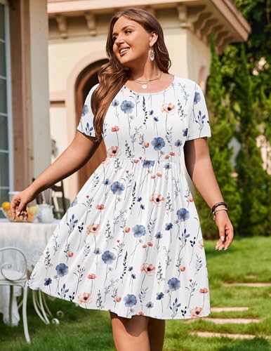 Womens Plus Size Summer Dress Short Sleeve Casual Mini Dresses Empire Waist T-Shirt Dress with Pockets