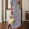 Summer Dress Casual Womens Fashion Short Sleeve Maxi Dress T Shirt Dress Striped Long Color Block Maxi Dress