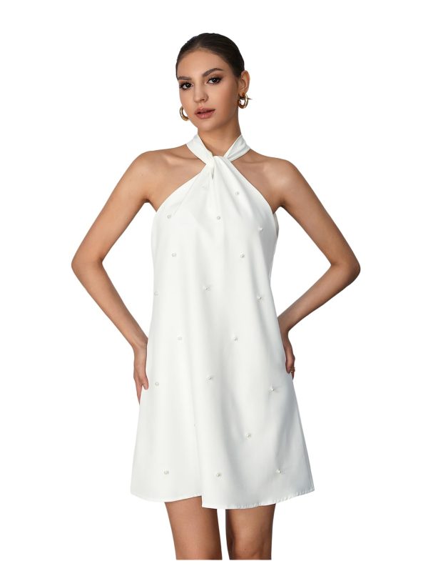 51PjUeKGq8L.jpg Women's Pearl Beaded Halter Twist Sleeveless Tie Back Dress A Line Dress