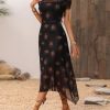 Women's 2025 Summer Floral Print Vintage Goth Dress Mesh Spliced Double-Layered Irregular Hemline Midi Dress
