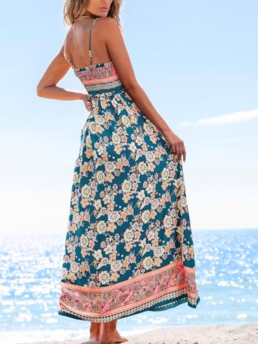 51W0b4c0RvL.jpg Women's Maxi Dress Ditsy Floral Smocked Summer Sundress Sleeveless Ruffled Spaghetti Straps Long Beach Formal Dress