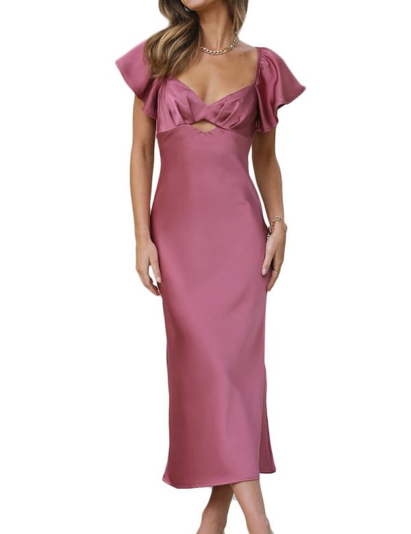 Summer Satin Flutter Sleeve Wedding Guest Dresses for Women Sweetheart Neckline Cutout Tie Back Midi Cocktail Dress