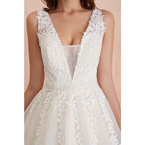 51Y0Vv0QFgL.jpg Women's Wedding Dress for Bride Lace Applique Evening Dress V Neck Straps Ball Gowns
