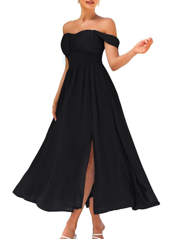 2025 Women's Summer Floral Print Flowy A Line Maxi Dresses Sleeveless Smocked Off Shoulder Dress