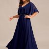 Women's Ball Gown V-Neck A Line Chiffon Applique Shawl Short Sleeves Maxi Plus Size Formal Dresses 02289-DA