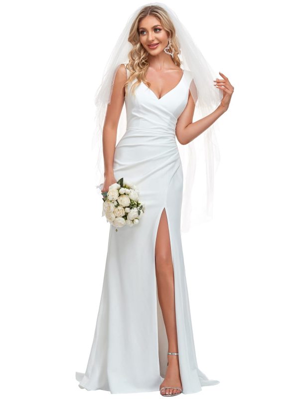 61-ozlOKXUL.jpg Women's Classic V-Neck Mermaid Bodycon Slit Wedding Dresses for Bride White 0121B