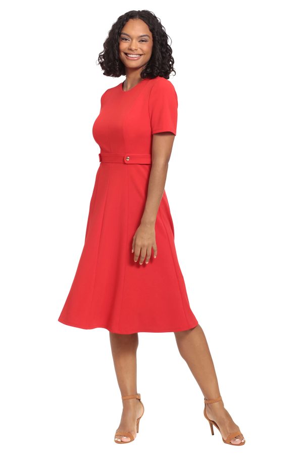 610s7nDOVgL.jpg Women's Knit Eyelet Short Sleeve Crepe Inset Waist Midi with Button Detail