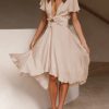 Womens Satin V Neck Ruffle Short Sleeve Tie Front High Waist Midi A-Line Maxi Dresses