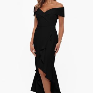 Women's Sweetheart Neckline Off-Shoulder Crepe Midi Dress with Hanky Hem