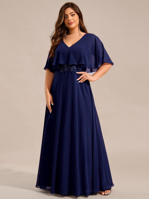 617OQ7YpbL.jpg Women's Ball Gown V-Neck A Line Chiffon Applique Shawl Short Sleeves Maxi Plus Size Formal Dresses 02289-DA