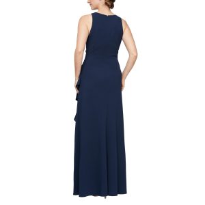 Women's Long Cascade Ruffle Sleeveless Leg Slit, Mother of The Bride Dress, Elegant Party Gown