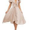 Womens Satin V Neck Ruffle Short Sleeve Tie Front High Waist Midi A-Line Maxi Dresses
