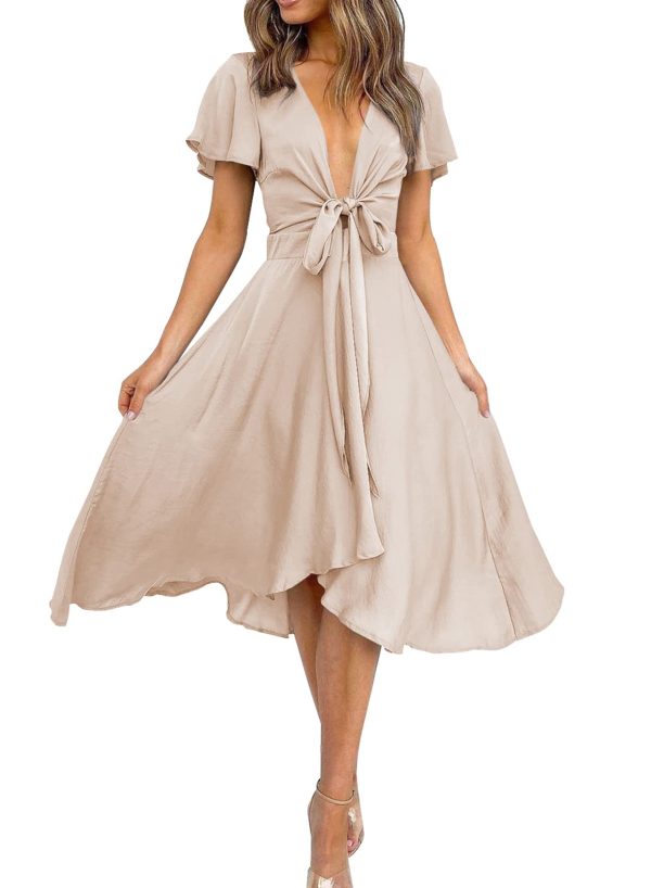 Womens Satin V Neck Ruffle Short Sleeve Tie Front High Waist Midi A-Line Maxi Dresses