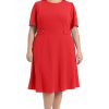 Women's Knit Eyelet Short Sleeve Crepe Inset Waist Midi with Button Detail
