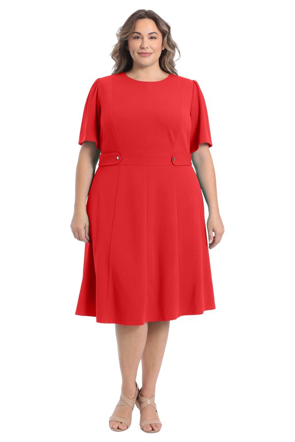 61BXfcBhfjL.jpg Women's Knit Eyelet Short Sleeve Crepe Inset Waist Midi with Button Detail