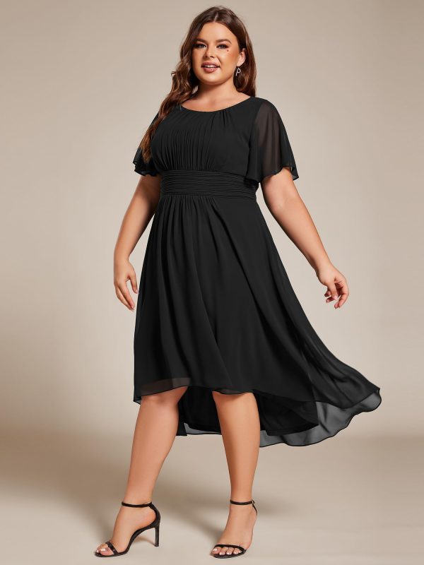 Women's A Line Crew Neck Short Sleeves Pleated Elastic Back Chiffon Midi Plus Size High Low Wedding Guest Dresses