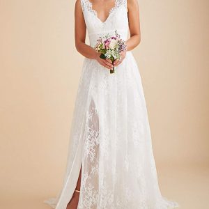 Beach Wedding Dresses for Bride 2025 Long Sleeve Lace Boho Bridal Gowns for Women WDW001