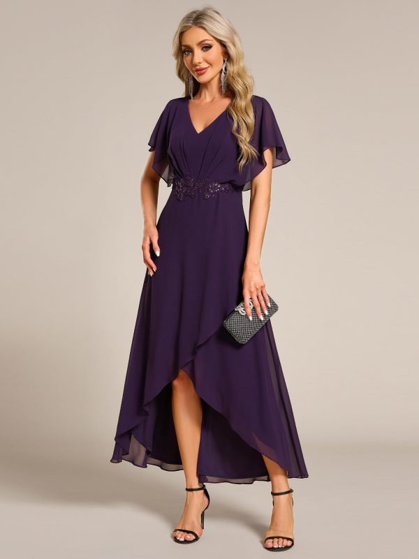 Women's Formal Dress A Line V Neck Applique Waist Tea Length Wedding Guest Dress 02027