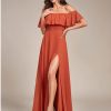 Women's Elegant Off The Shoulder Side Split High Waist Flowy Chiffon Maxi Bridesmaid Dress 00968