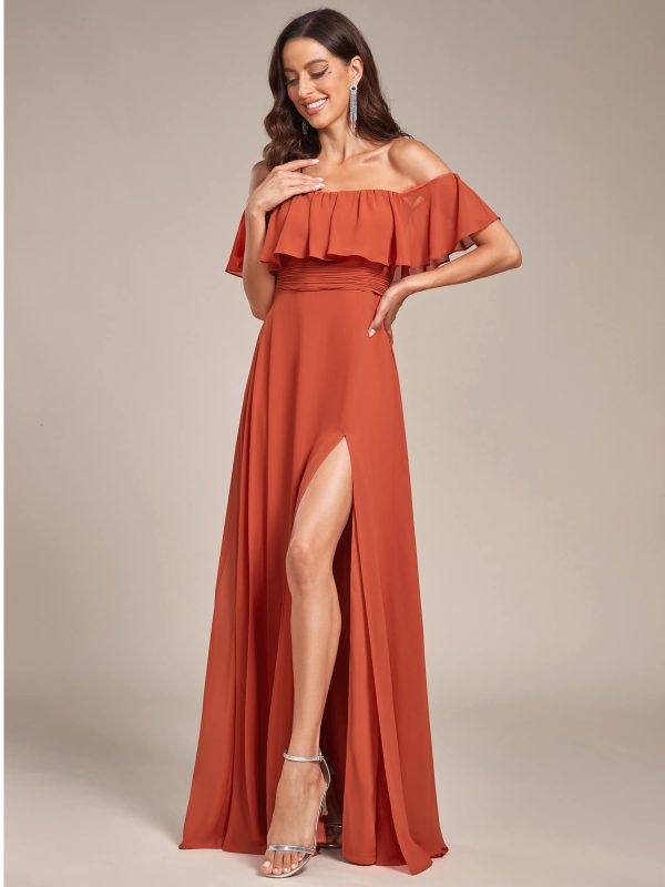 Women's Elegant Off The Shoulder Side Split High Waist Flowy Chiffon Maxi Bridesmaid Dress 00968