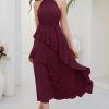 Women's 2024 Summer Sleeveless Halter Neck Ruffle Hem Split Flowy Swing Long Midi Dress with Belt