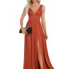 Women's Bridesmaid Dresses Deep V-Neck Sleeveless Side Slit Floor Length Wedding Guest Dress 0168B