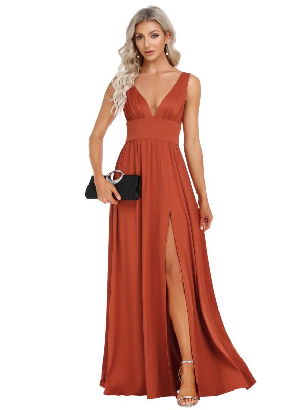 Women's Bridesmaid Dresses Deep V-Neck Sleeveless Side Slit Floor Length Wedding Guest Dress 0168B