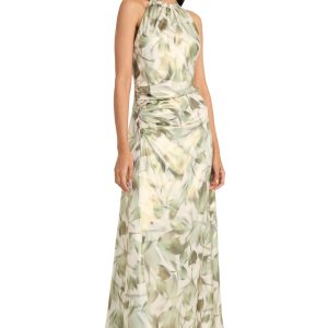 Women's Ruched Waist Halter Neck A-line Maxi-Ankle Length Special Occasion-Formal Evening Dress