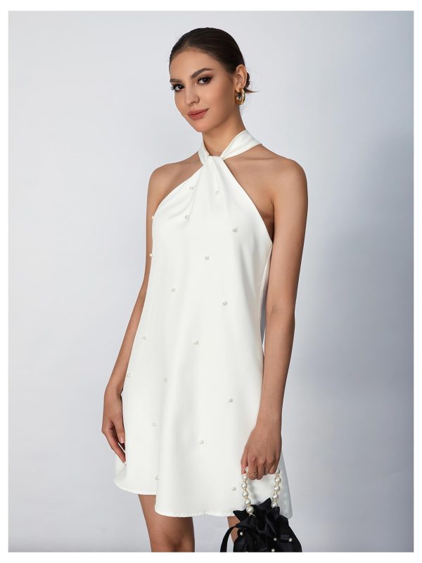 61La1tCnOkL.jpg Women's Pearl Beaded Halter Twist Sleeveless Tie Back Dress A Line Dress