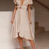 Womens Satin V Neck Ruffle Short Sleeve Tie Front High Waist Midi A-Line Maxi Dresses