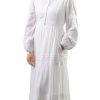 Women's Modest White Full Length Long Sleeve Cotton Special Occasion Dress with Button Down Front