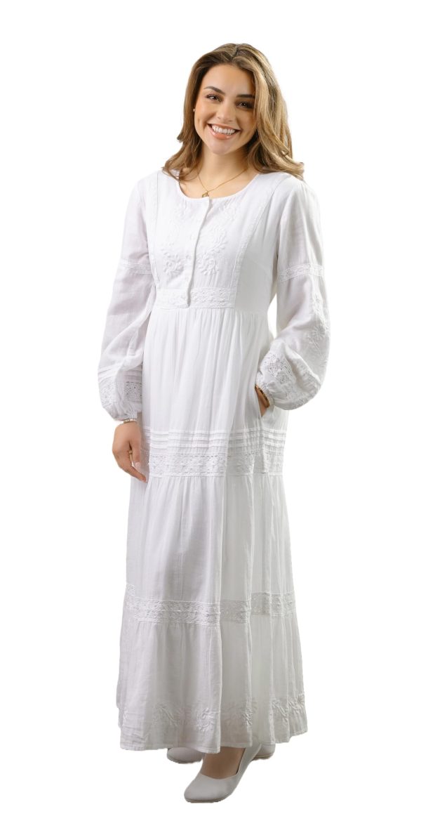 Women's Modest White Full Length Long Sleeve Cotton Special Occasion Dress with Button Down Front