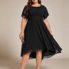 Women's A Line Crew Neck Short Sleeves Pleated Elastic Back Chiffon Midi Plus Size High Low Wedding Guest Dresses