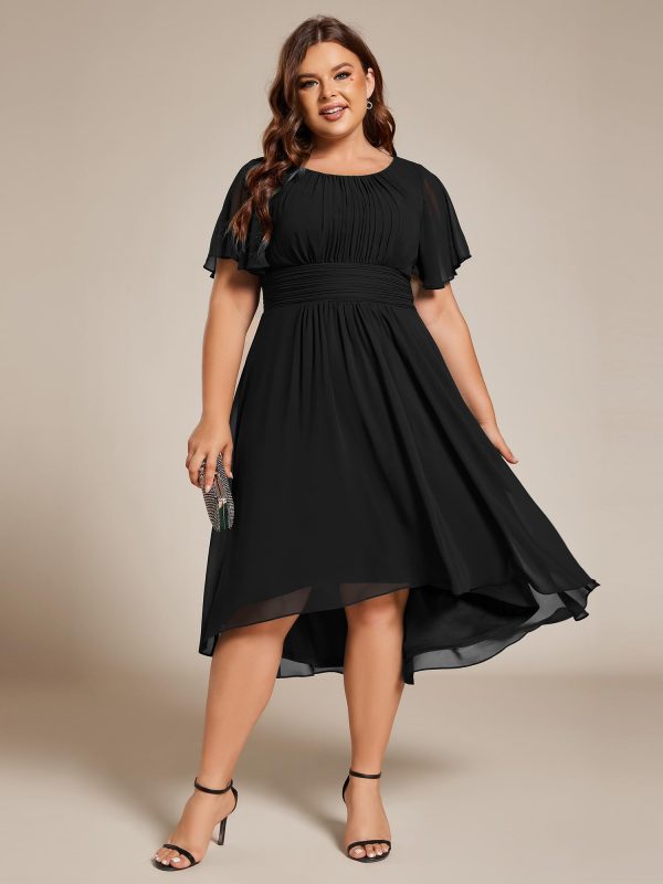 Women's A Line Crew Neck Short Sleeves Pleated Elastic Back Chiffon Midi Plus Size High Low Wedding Guest Dresses