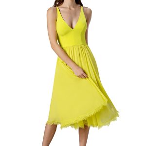 Women's Alicia Plunging Mix Media Sleeveless Fit and Flare Midi Dress