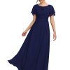Women's Classic Round Neck Short Sleeves Chiffon Floor Length Bridesmaid Dress 01840-PH