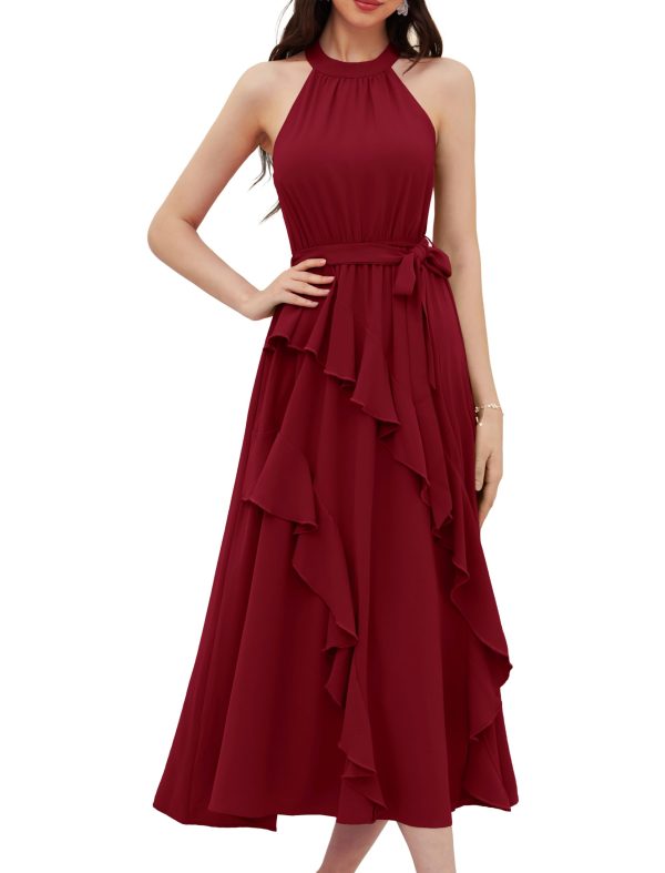 61PnyuLlsqL.jpg Women's 2024 Summer Sleeveless Halter Neck Ruffle Hem Split Flowy Swing Long Midi Dress with Belt