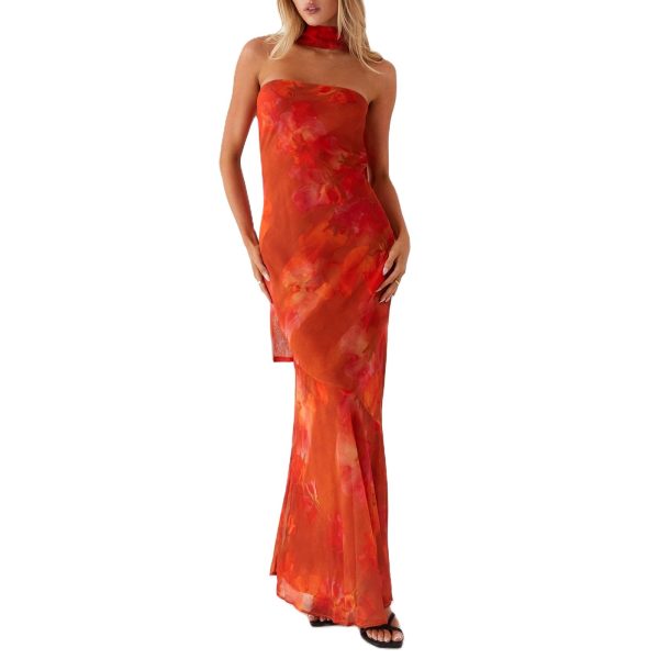 61Q4CTxPDuL.jpg Women Strapless Floral Dress with Sarf Mesh Tube Maxi Dress Summer Cocktail Wedding Guest
