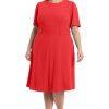 Women's Knit Eyelet Short Sleeve Crepe Inset Waist Midi with Button Detail