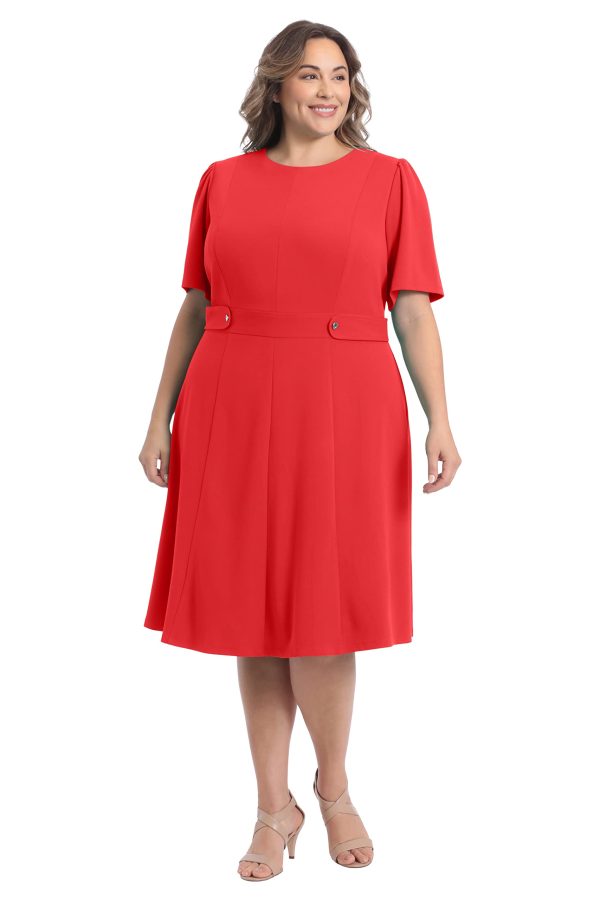 61QgdkbNcqL.jpg Women's Knit Eyelet Short Sleeve Crepe Inset Waist Midi with Button Detail