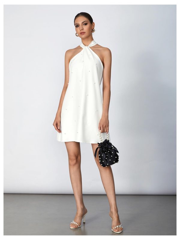 61QtkpUw9EL.jpg Women's Pearl Beaded Halter Twist Sleeveless Tie Back Dress A Line Dress