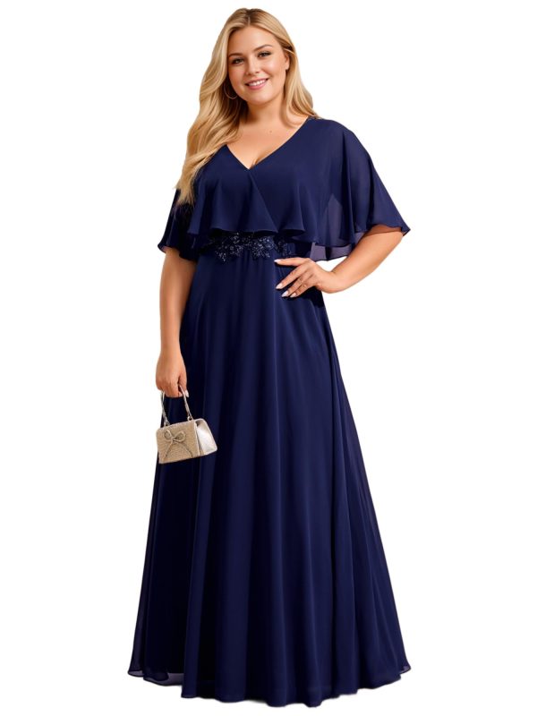 61S1aMOdZIL.jpg Women's Ball Gown V-Neck A Line Chiffon Applique Shawl Short Sleeves Maxi Plus Size Formal Dresses 02289-DA