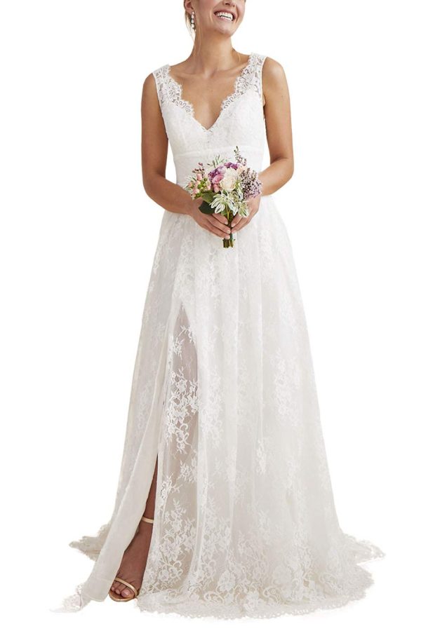 Beach Wedding Dresses for Bride 2025 Long Sleeve Lace Boho Bridal Gowns for Women WDW001