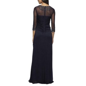 Women's Long A-line Mother of The Bride Dress with Illusion Neck and Sleeves (Petite and Regular Sizes)