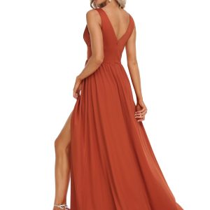Women's Bridesmaid Dresses Deep V-Neck Sleeveless Side Slit Floor Length Wedding Guest Dress 0168B
